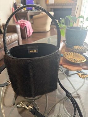 STAUD Dark Brown Fur Mini Bucket Bag with Leather Handle